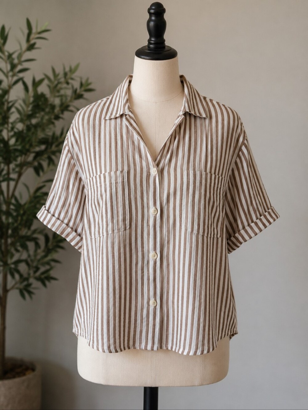 Love Notes Brown & White Vertical Stripe Casual Button-Down Shirt